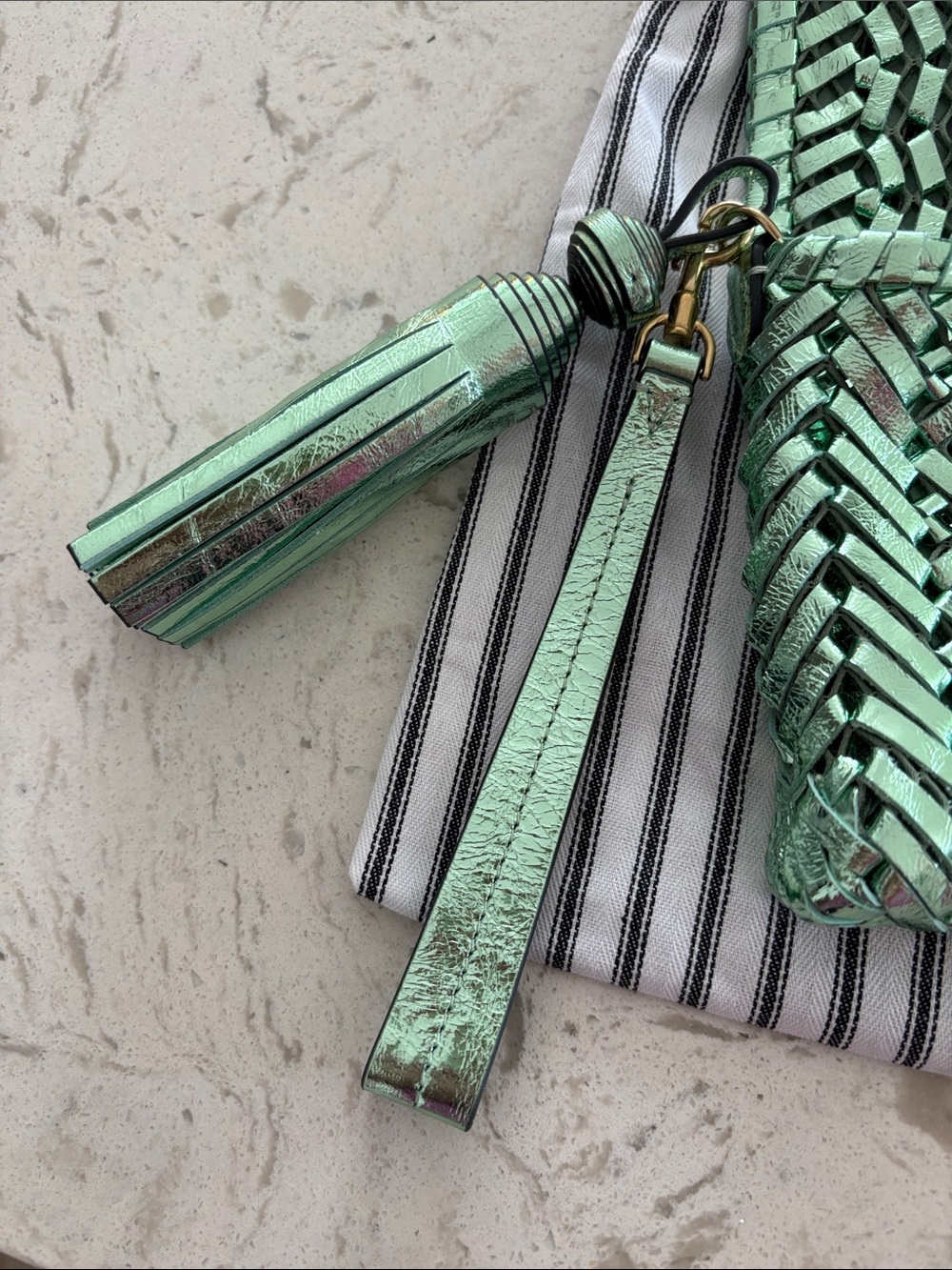 ANYA HINDMARCH Pistachio Green Metallic Neeson Tasseled Clutch Bag - Picture 5 of 10